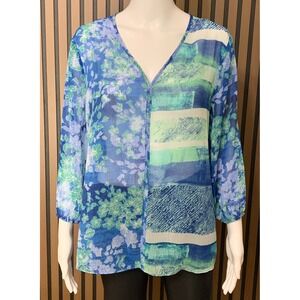 Chicos Women's Print V-Neck Blouse Blue Floral Abstract Chiffon Top Size 2